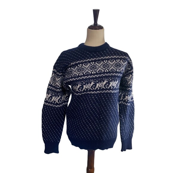 Vintage Woolrich 100% Wool Blue Deer Hearts Birds Tooth Fair Isle Sweater Large - Picture 1 of 12